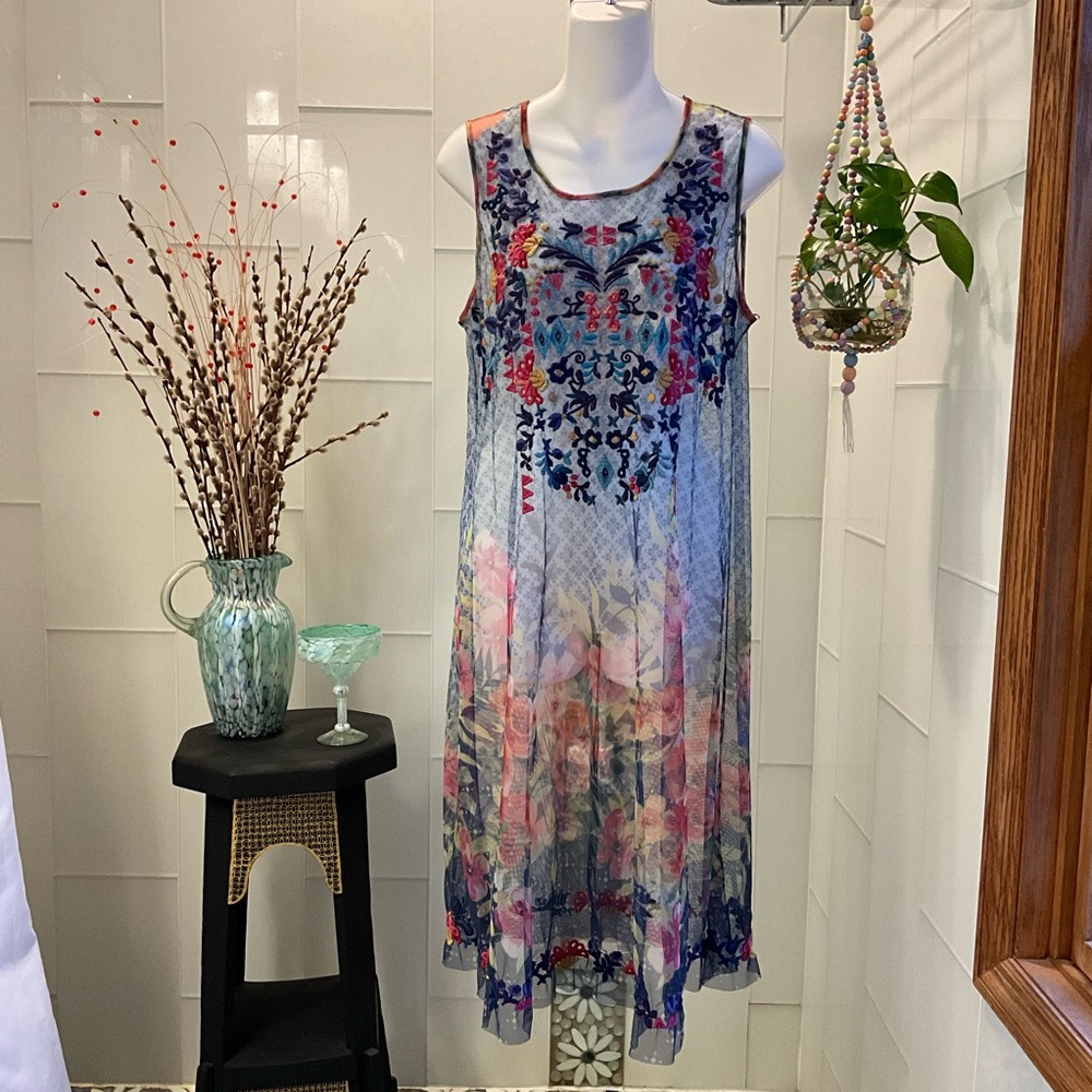 NWOT Biya X Johnny Was Rhandi Mesh Dress Midi Embroidered SMALL Missing Slip